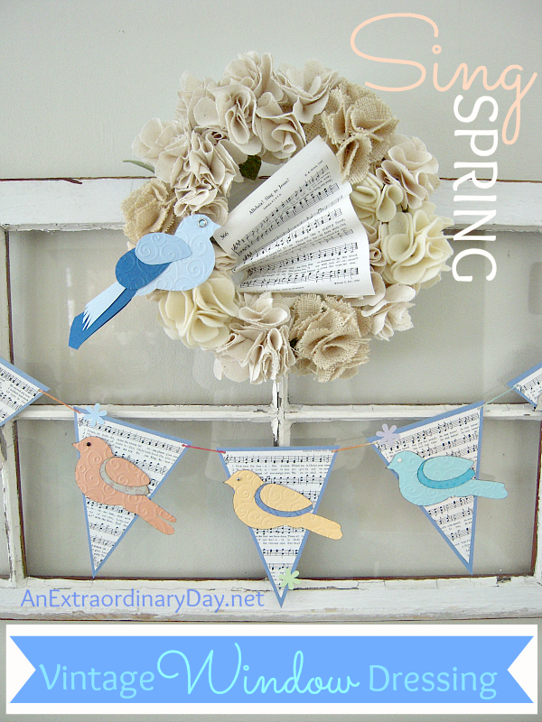 Vintage-Window-Dressing-for-Spring-with-Wreath-Birds-Music-Paper-AnExtraordinaryDay.net_