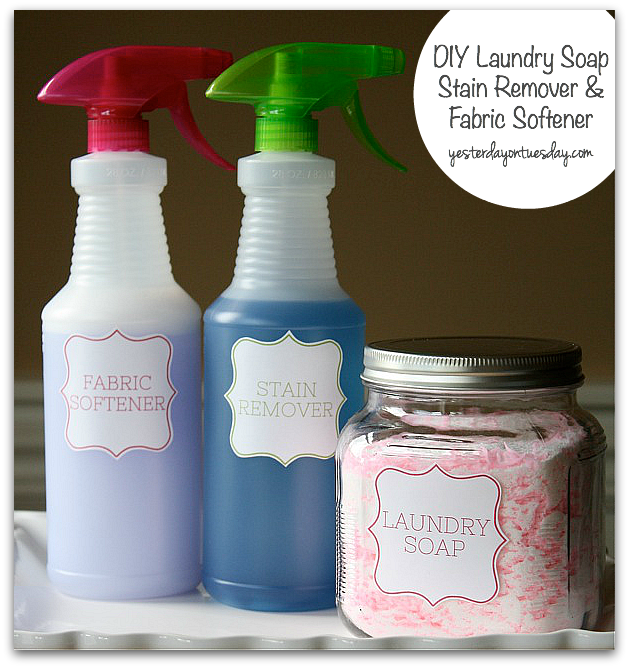 DIY Laundry Soap, Stain Remover and Fabric Softener from http://yesterdayontuesday.com/staging #laundrysoap #diycleaning