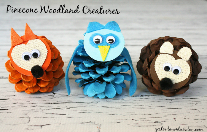 A charming fox, owl and bear created from pinecones by http://yesterdayontuesday.com/staging