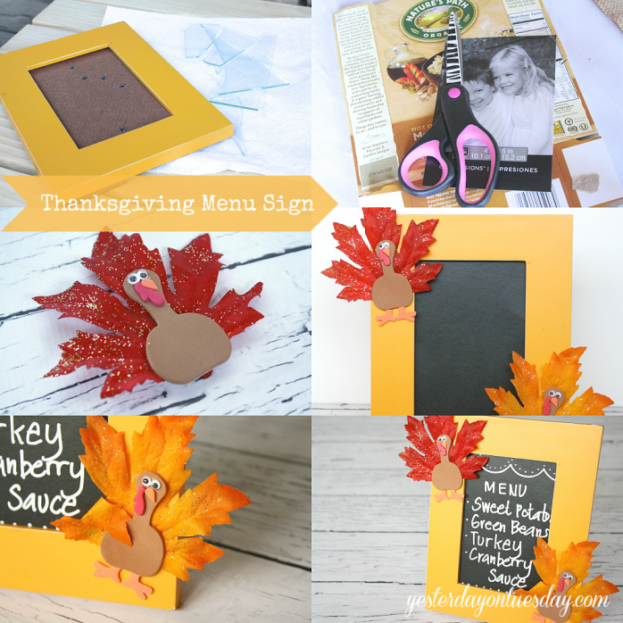 Transform a broken picture frame into a fun chalkboard Thanksgiving Menu Sign from http://yesterdayontuesday.com/staging