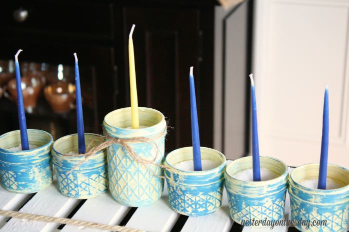 Rustic Mason Jar Menorah featuring DecoArt Chalky Finish Paint from http://yesterdayontuesday.com/staging
