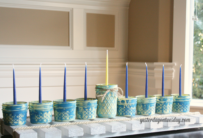 Rustic Mason Jar Menorah featuring DecoArt Chalky Finish Paint from http://yesterdayontuesday.com/staging