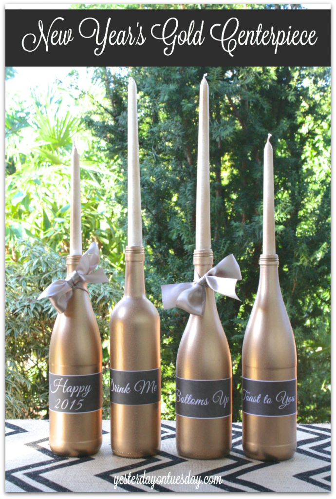New Year's Gold Centerpiece and printable bottle labels from http://yesterdayontuesday.com/staging