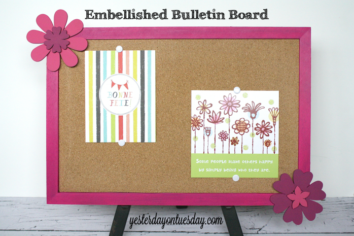 Update a plain bulletin board with paint and chipboard flowers from http://yesterdayontuesday.com/staging #organizing