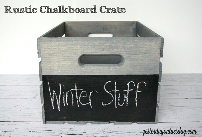 Take a plain wood crate and  make it a rustic storage solution from http://yesterdayontuesday.com/staging #organizing #chalkboard