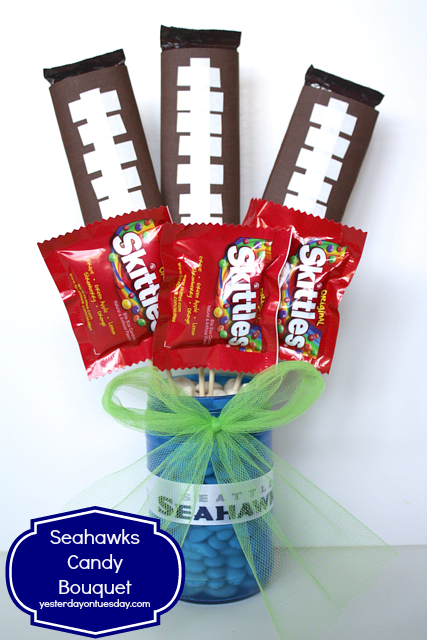 Seahawks Candy Bouquet from http://yesterdayontuesday.com/staging #seahawkscrafts #seahawks #masonjars