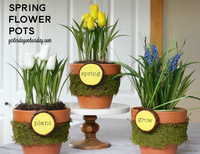 Cheerful Spring Flower Pots made with wood slices and moss