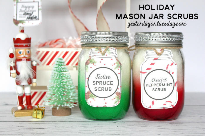 Holiday Mason Jar Scrub Recipes and printable tags and labels, great Christmas gift.