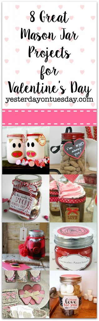 8 Great Mason Jar Projects for Valentine's Day including gifts, a scrub, a candy bar and more!