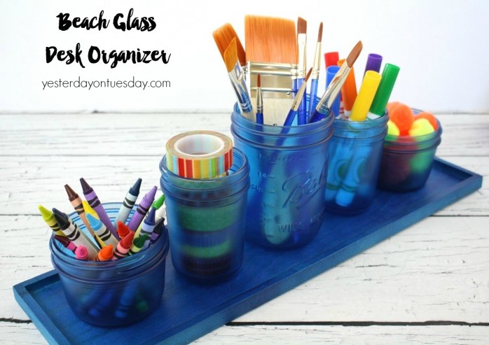 How to make a Beach Glass Desk Organizer from Mason Jars, spray paint and a plain wood tray.