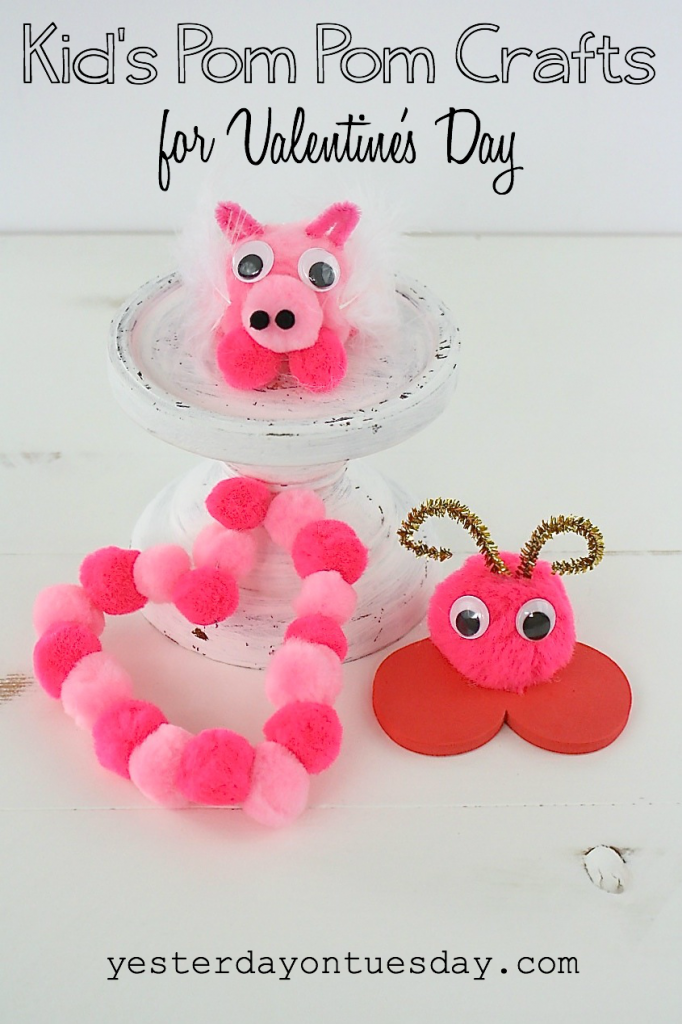 Kid's Pom Pom Crafts for Valentine's Day including a Cu-pig, heart and love bug
