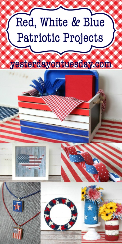 Red, White & Blue Patriotic Projects: DIY Picnic Box, flag art, a paper chain, painted mason jars and more, great for Memorial Day and 4th of July!