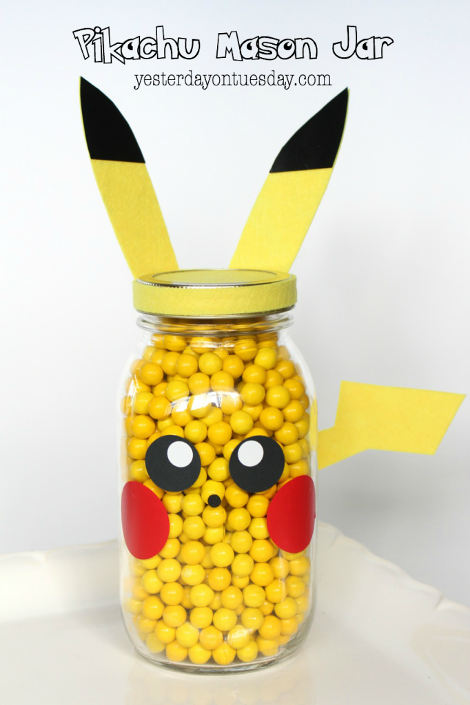 DIY Pokemon Mason Jars, perfect for Pokemon and Pokemon GO themed parties. How to make Pikachu, Squirtle and a Poke Ball.