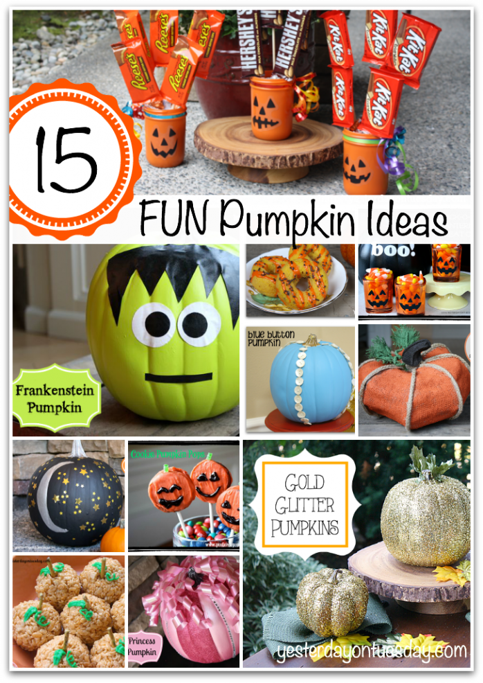 15 Fun Pumpkin Ideas including jack-o-lantern mason jars, gold glitter pumpkin, Frankenstein pumpkin, Starry Night Pumpkin and more.