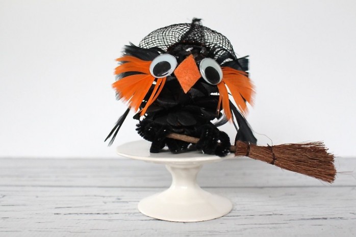 7 Spooky Halloween Kids Crafts including a Spider Web Doily Dream Catcher, Pom-Pom Crows, a Pinecone Witch and more