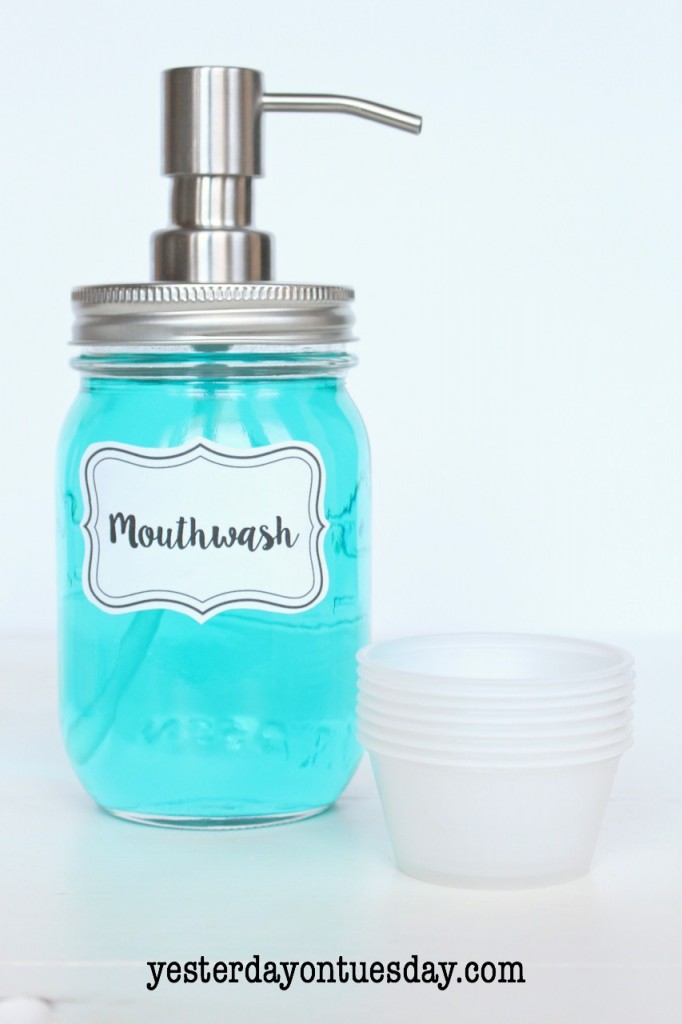 DIY Mason Jar Mouthwash Dispenser: No more ugly bottles!  Create a chic looking mouthwash dispenser out of a mason jar in minutes.