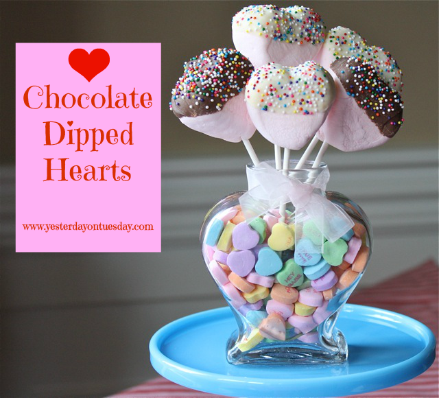 Chocolate Dipped Hearts - Yesterday on Tuesday #kraftmarshmallows, #valentinesday, #valentinesdayfood