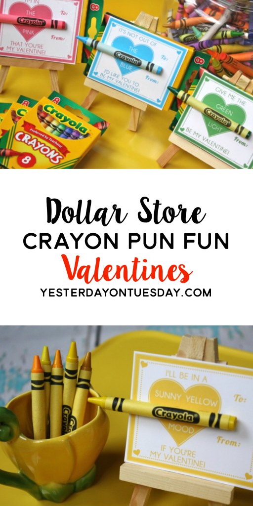 Dollar Store Crayon Fun Pun Valentines: Funny printable valentines for every color of the crayon rainbow. A budget friendly and cute classroom valentine idea!