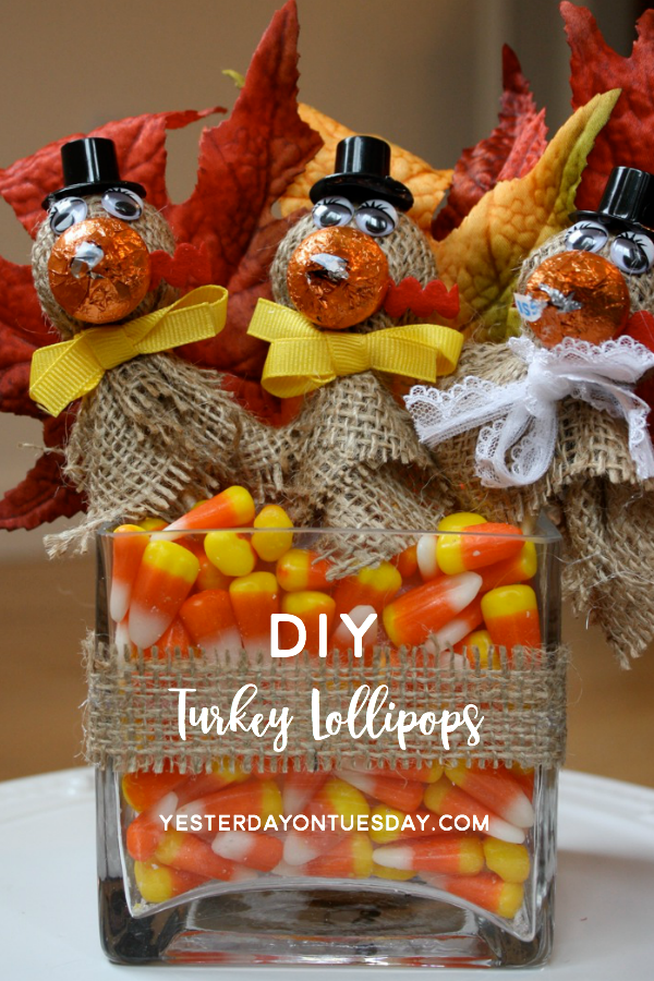 DIY Turkey Lollipops: How to make darling burlap turkey lollipops, a fun craft idea for kids.