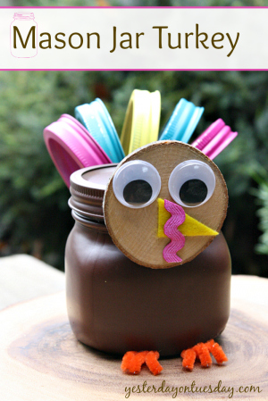 Create a darling turkey craft for Thanksgiving from a Mason Jar and canning lids