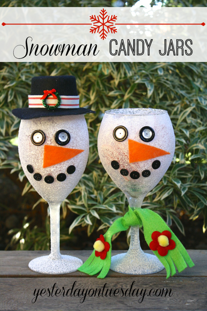 Transform a wine class into a charming Snowman Candy Jar. A quick and festive Christmas Gift from https://yesterdayontuesday.com.