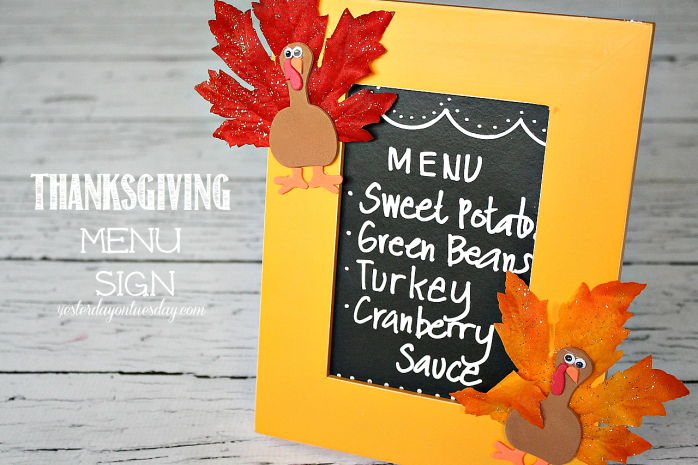 Transform a broken picture frame into a fun chalkboard Thanksgiving Menu Sign from https://yesterdayontuesday.com