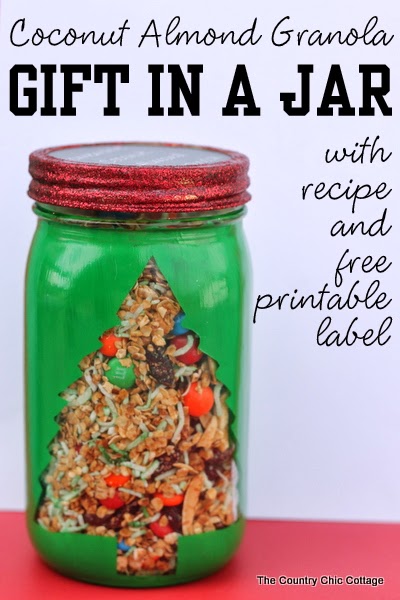 coconut almond granola gift in a jar with recipe and free printable label