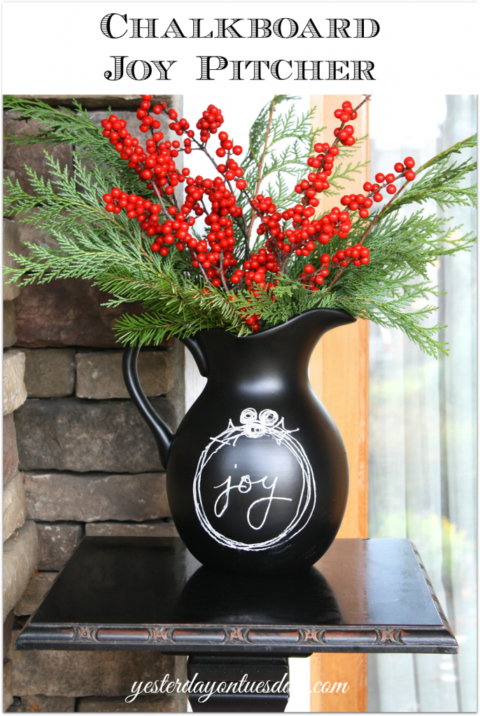 Recycle a unused pitcher into a beautiful chalkboard pitcher you can customize for any occasion from https://yesterdayontuesday.com