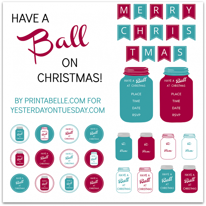 Set of Mason Jar Christmas Printables with party invites, gift tags, labels and a banner from Yesterday on Tuesday