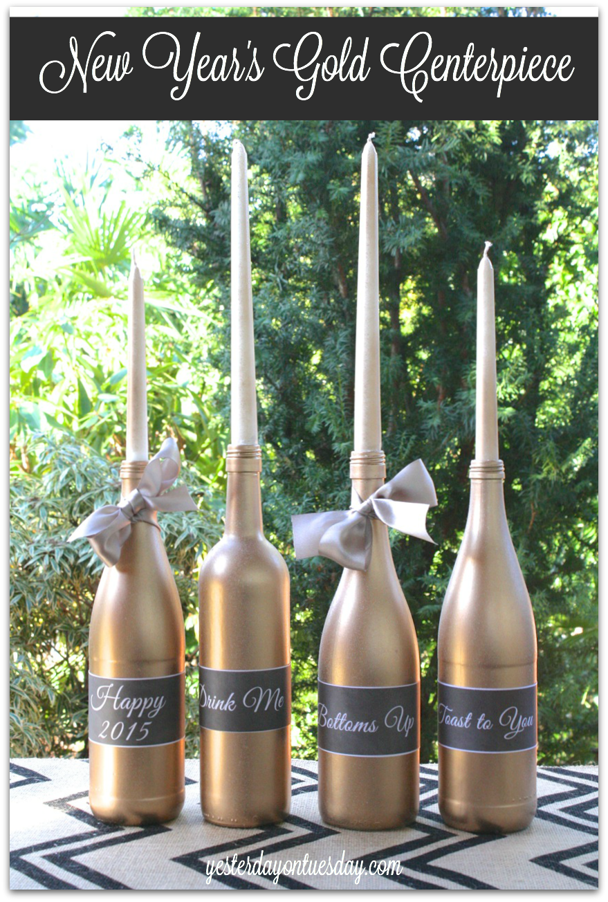 New Year's Gold Centerpiece and printable bottle labels from https://yesterdayontuesday.com