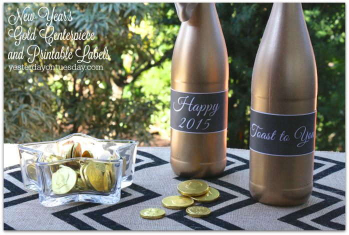 New Year's Gold Centerpiece and printable bottle labels from https://yesterdayontuesday.com