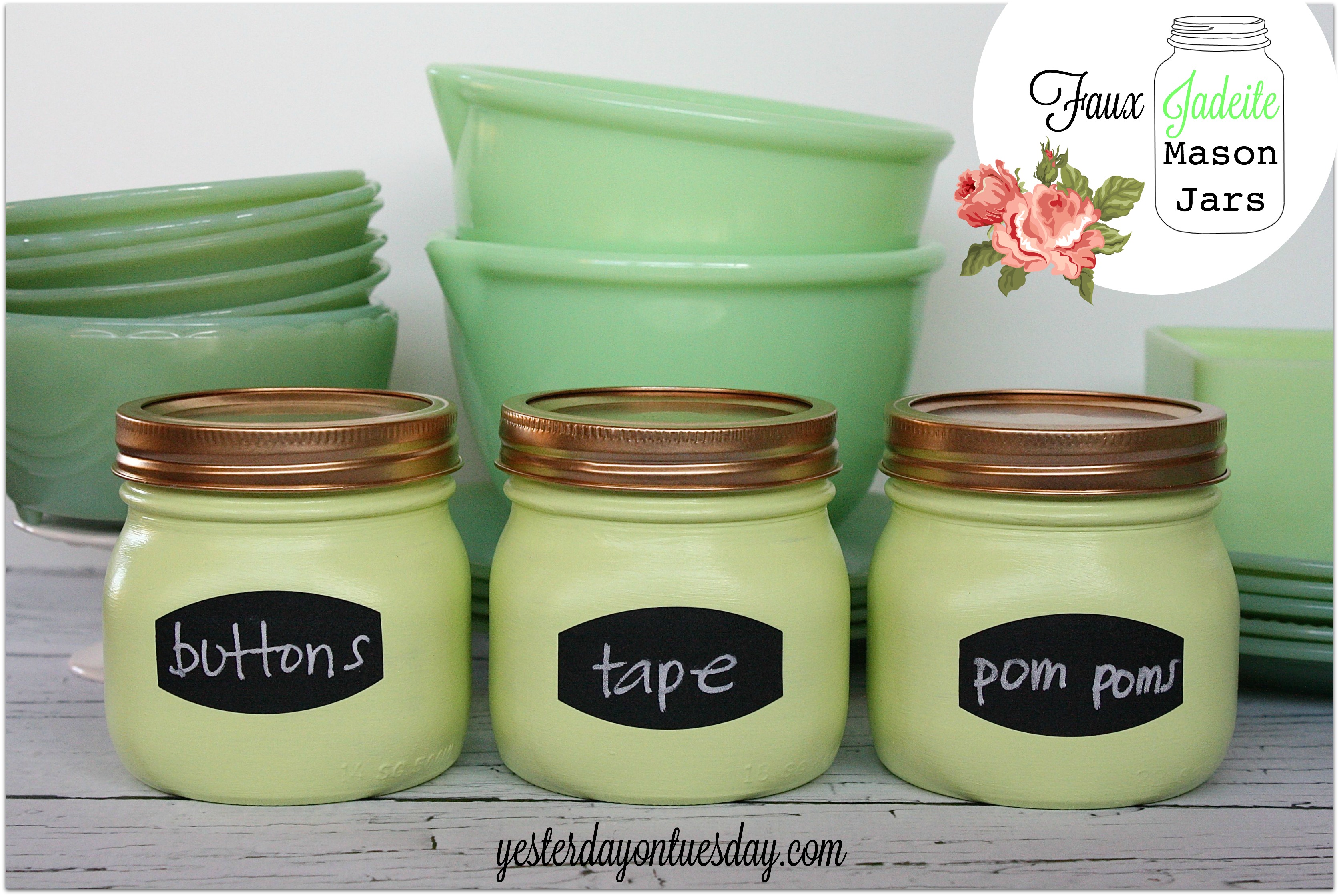 Faux Jadeite Mason Jars: Transform regular Mason Jars into lovely Faux Jadeite Jars from https://yesterdayontuesday.com. #masonjars #jadeite