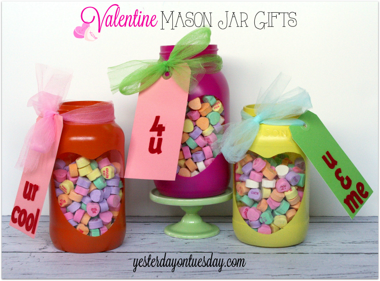 Valentine Conversation Hearts Mason Jar Gift Idea from https://yesterdayontuesday.com