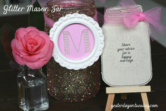 Glitter Mason Jar Tutorial and printable Mason Jar wedding sign and marriage advice cards