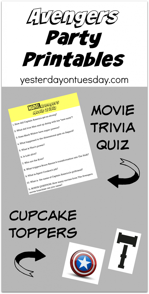 Fun Avengers Party Printables including a movie trivia quiz and cupcake toppers