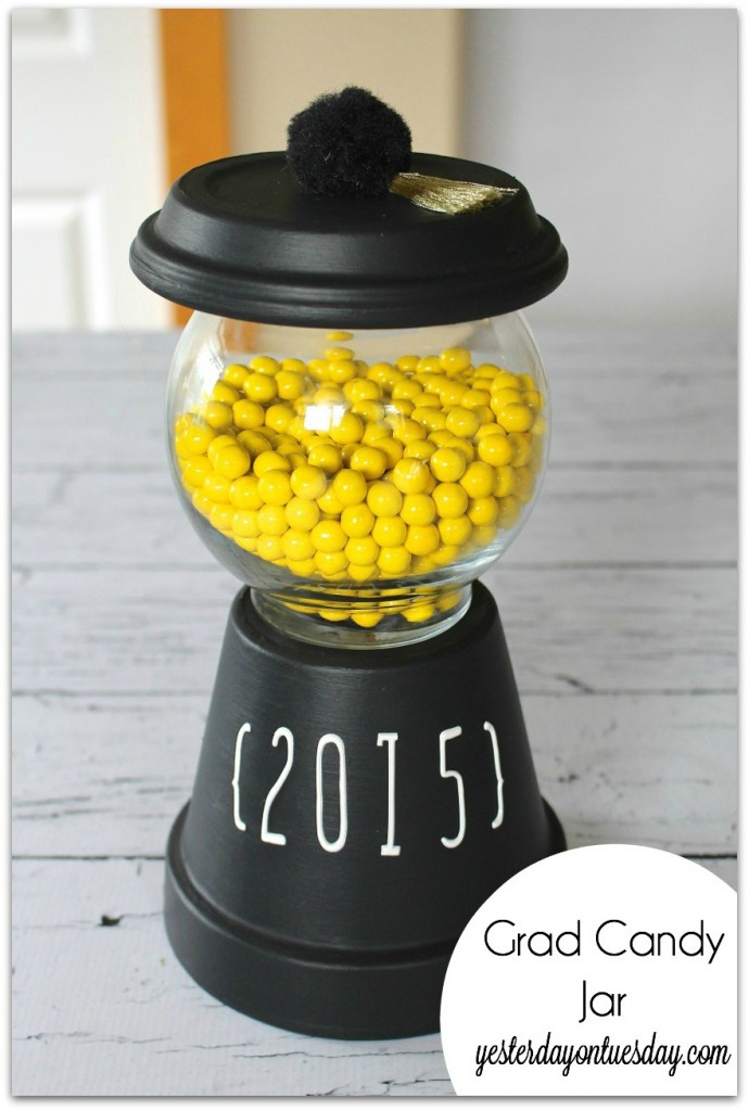 How to make a fun Grad Candy Jar out of common household items, a great gift idea for a graduate or decor for a graduation party.
