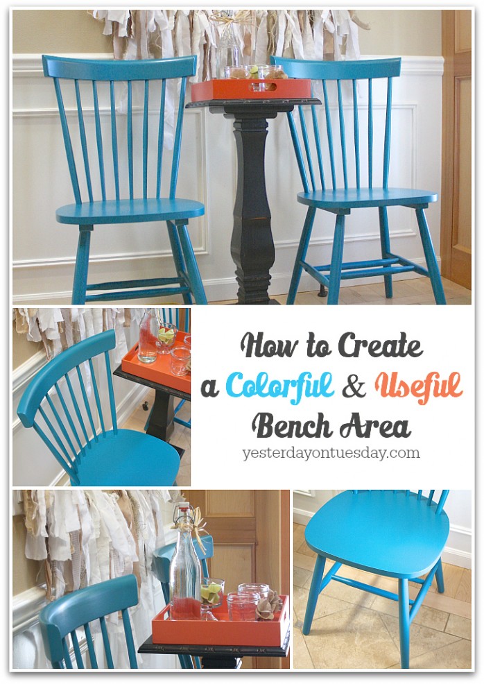 Tips on creating a bench area in your home, using colorful chairs instead! Cool decorating idea.