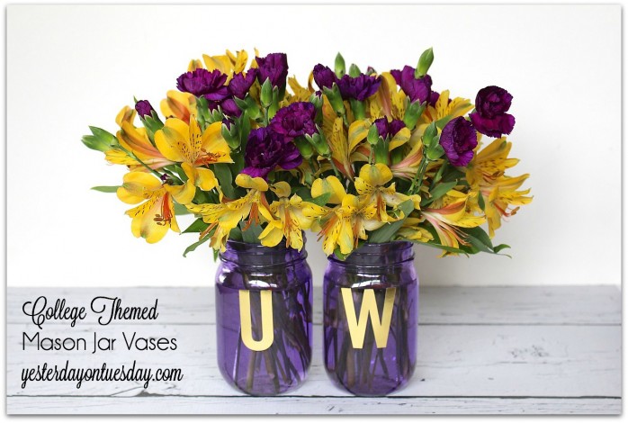 College Themed Mason Jar Vases, great party deceptions for the graduate