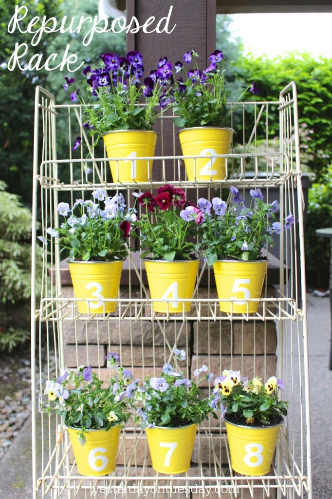 How to transform a metal rack into a pretty place to display flowers.
