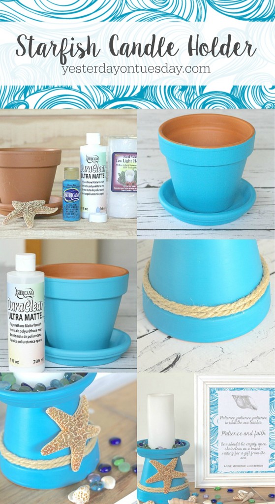 How to DIY a Starfish Candle Holder out of a flower pot. A easy beachy craft and decor project, plus lovely printable inspirational art.