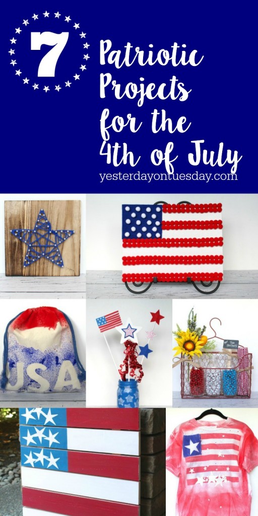7 Patriotic Projects for the 4th of July from yarn art to a pom pom flag, a candy sack, hostess gift and more. Decor items and kid's crafts.