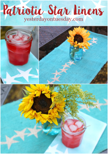 DIY Patriotic Star Linens: How to transform a plain burlap table runner and white cloth napkins into pretty patriotic linens, fun for 4th of July entertaining or barbecues.