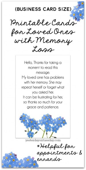 Printable Cards for Loved Ones with Memory Loss | Yesterday on Tuesday
