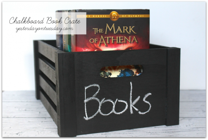 Keep library books and school supplies organized with this DIY Chalkboard Book Bin