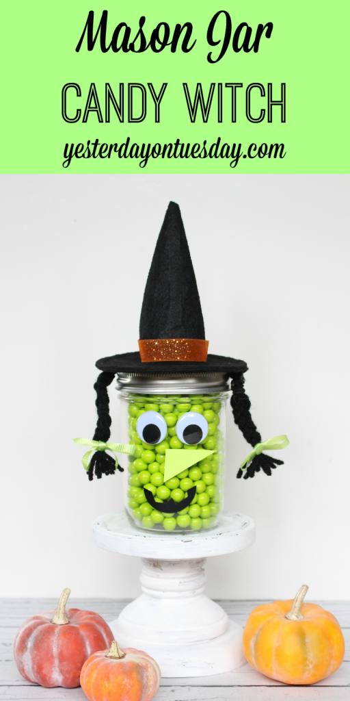 Mason Jar Candy Witch, a fun and fast craft for Halloween! Makes great decor or hostess/teacher gift!