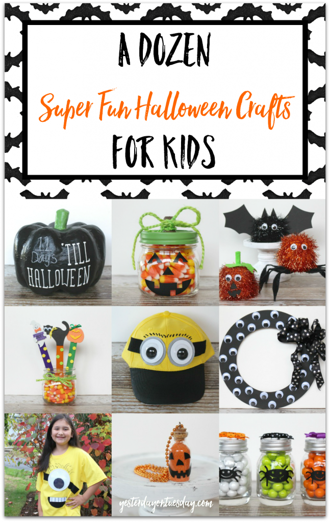 A Dozen Super Fun Halloween Crafts for Kids: Great projects for kids of all ages including Minion costume ideas, a chalkboard pumpkin, pom pom critters and more.