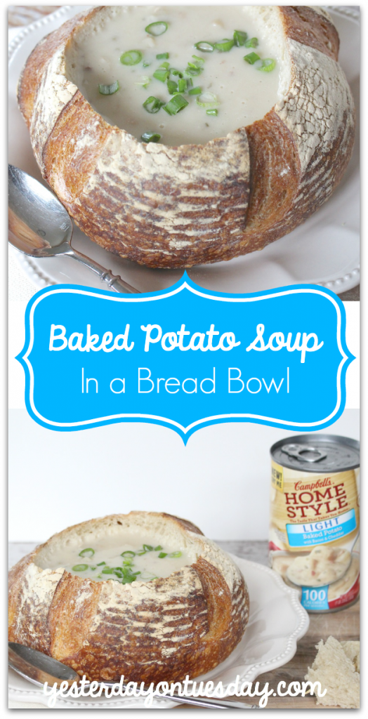 Delicious Baked Potato Soup in a Bread Bowl, an easy and satisfying dish