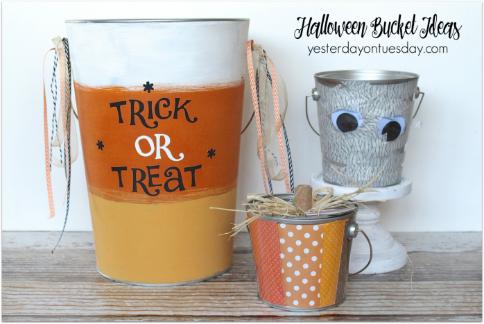 Three fun ways to jazz up a plain plastic bucket for Halloween using paint, paper and washi tape.
