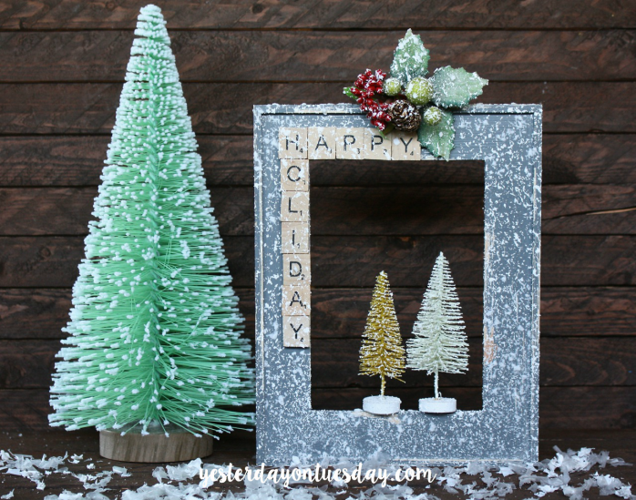 DIY Bottle Brush Tree Frame Decor: Great way upcycle/recycle unused frames. Charming Christmas or holiday decor.