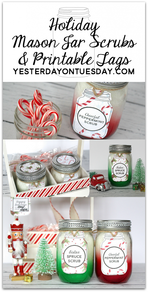 Holiday Mason Jar Scrubs and Printable Tags: Simple and super festive Christmas gift idea for family, friends, neighbors and teachers. Spruce and Peppermint scents make them fabulously festive!